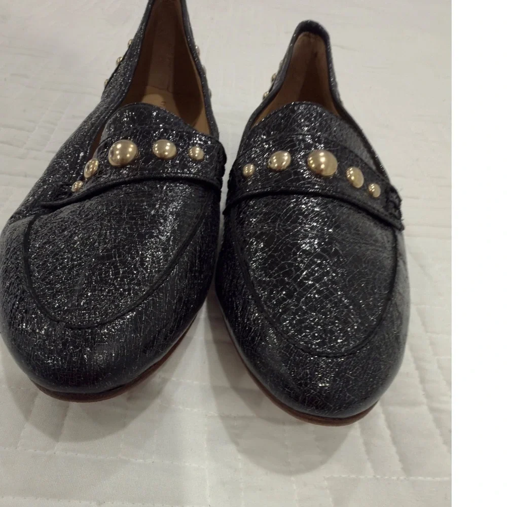 Etienne Aigner Black Crinkle Patent Studded Leather‎ Loafers Made in Spain 8.5 M